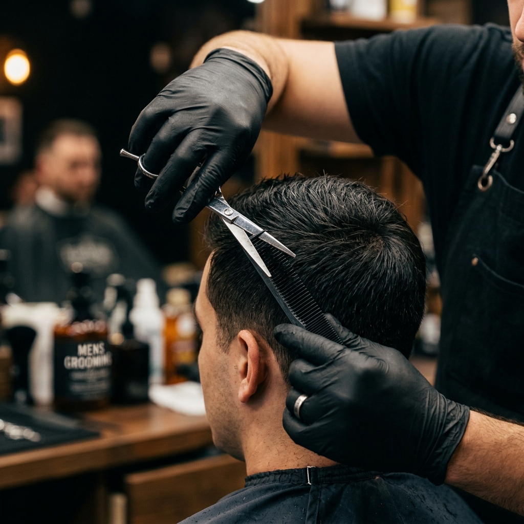 Barbier effectuant les finitions de la coupe de cheveux aux ciseaux